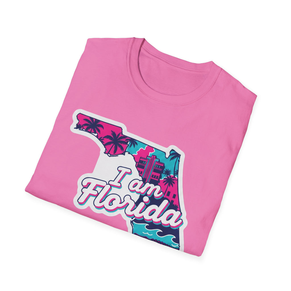 Pink T-shirt neckline and top portion of retro Florida map graphic