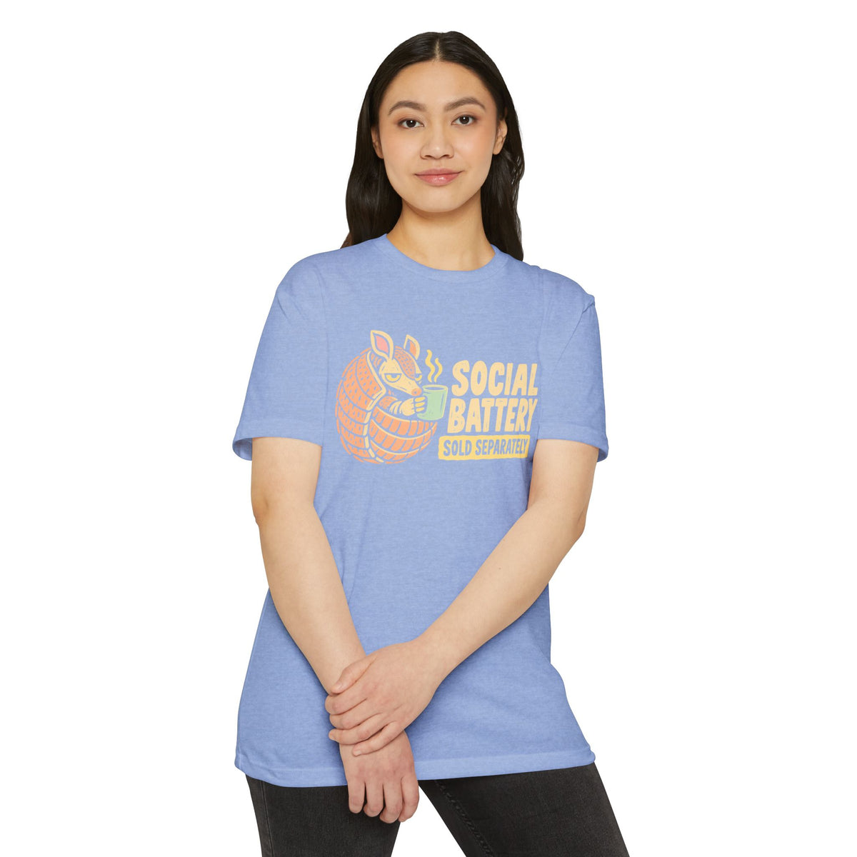Light blue crewneck T-shirt with orange armadillo 'SOCIAL BATTERY' front graphic