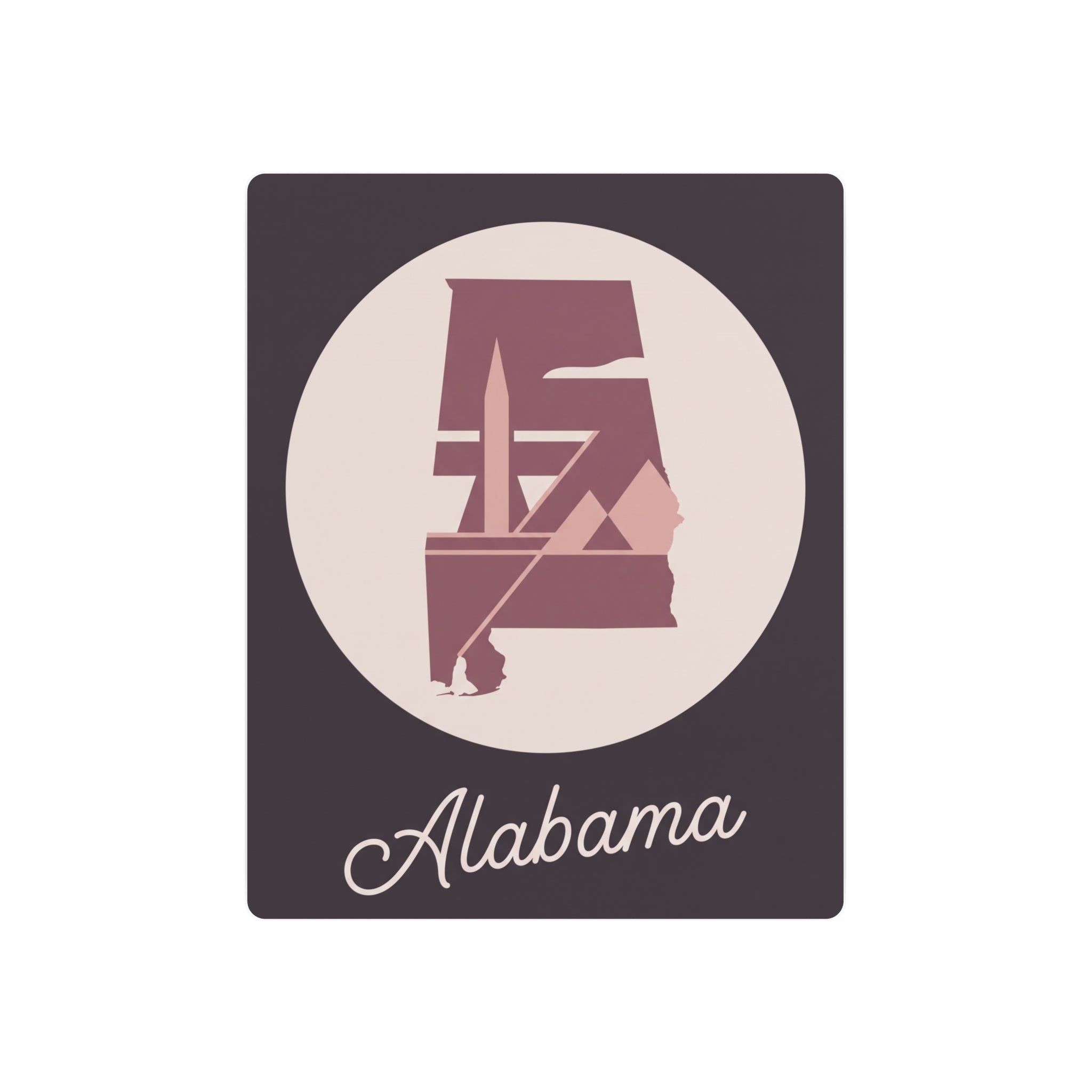 Metal wall art sign with mauve Alabama state silhouette in oval and “Alabama” text