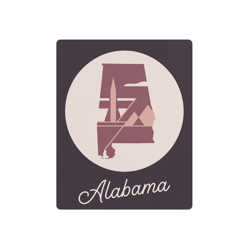 Metal wall art sign with mauve Alabama state silhouette in oval and “Alabama” text
