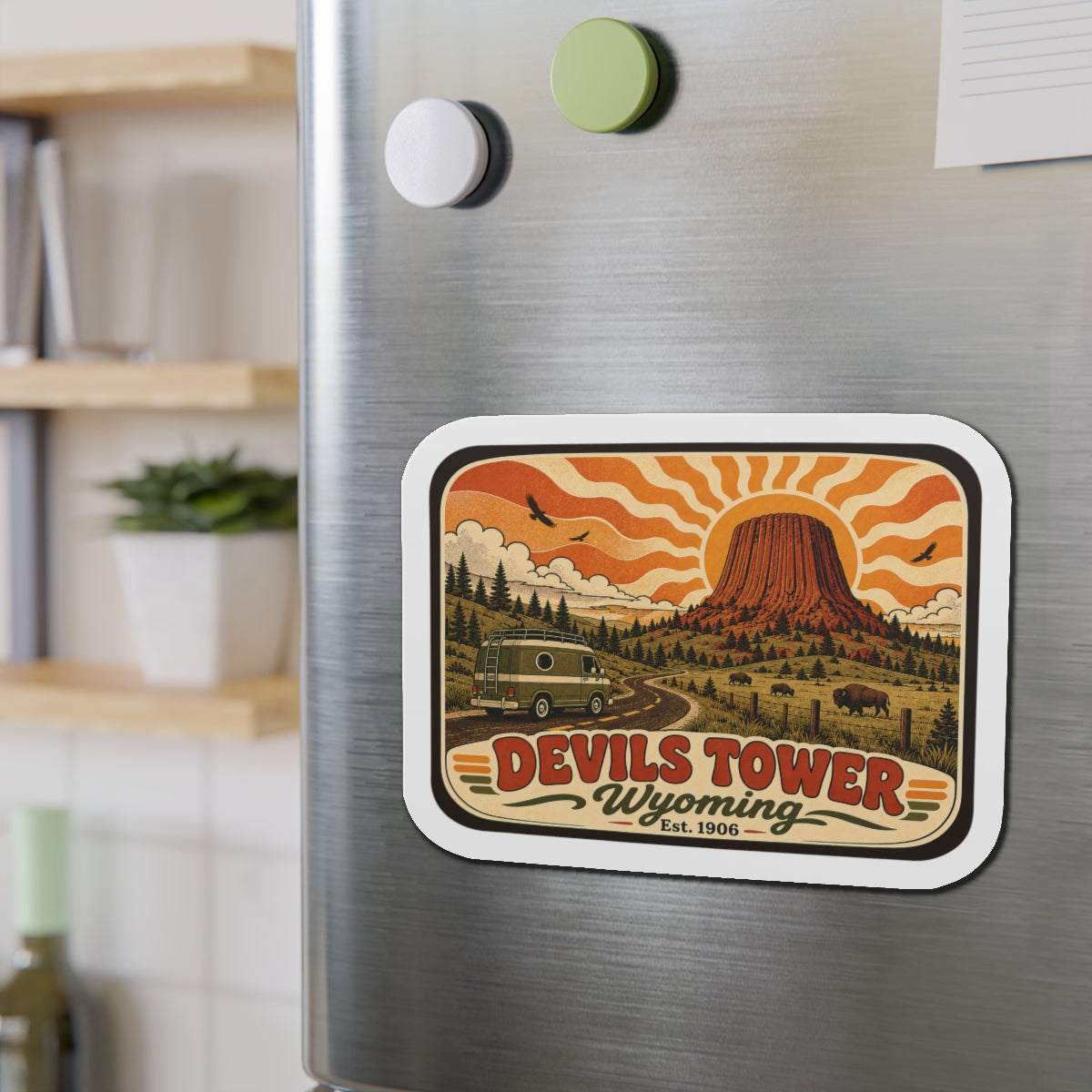 Die-cut magnet with road-travel scene toward Devils Tower and retro Wyoming Est. 1906