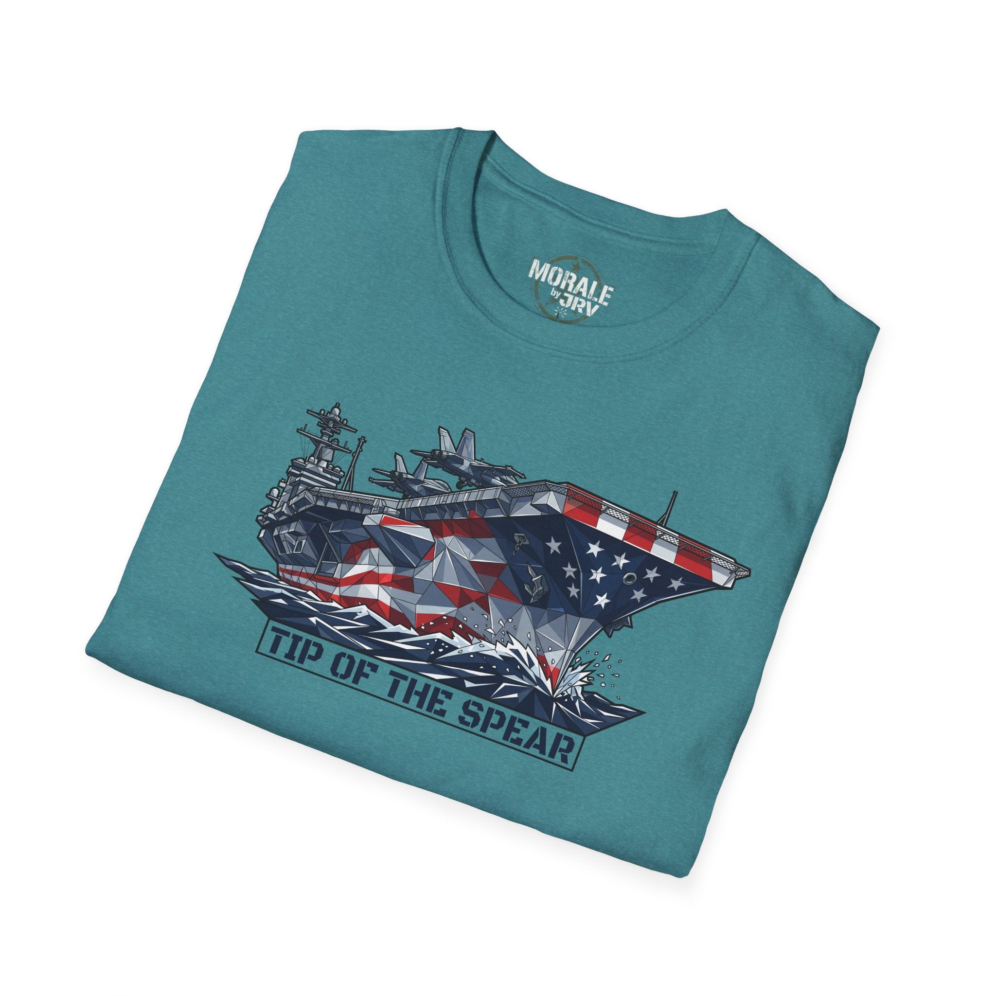 Teal T-shirt with aircraft carrier graphic and “TIP OF THE SPEAR” text