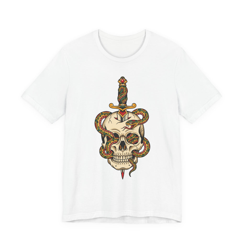 White unisex T-shirt with snake-wrapped skull and dagger graphic