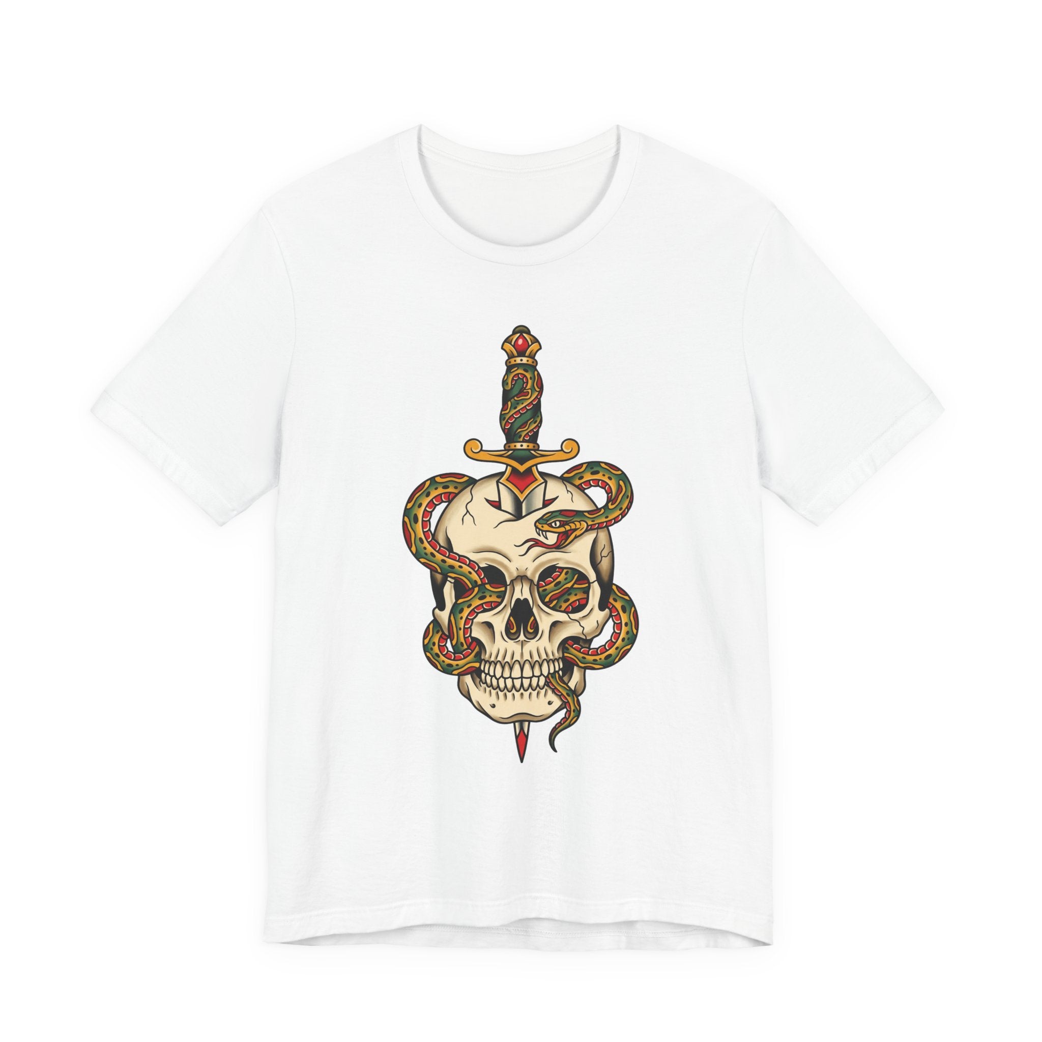 White unisex T-shirt with snake-wrapped skull and dagger graphic