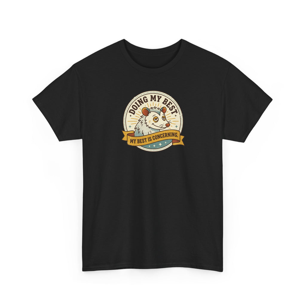 Black sloth graphic T-shirt with circular badge and ribbon