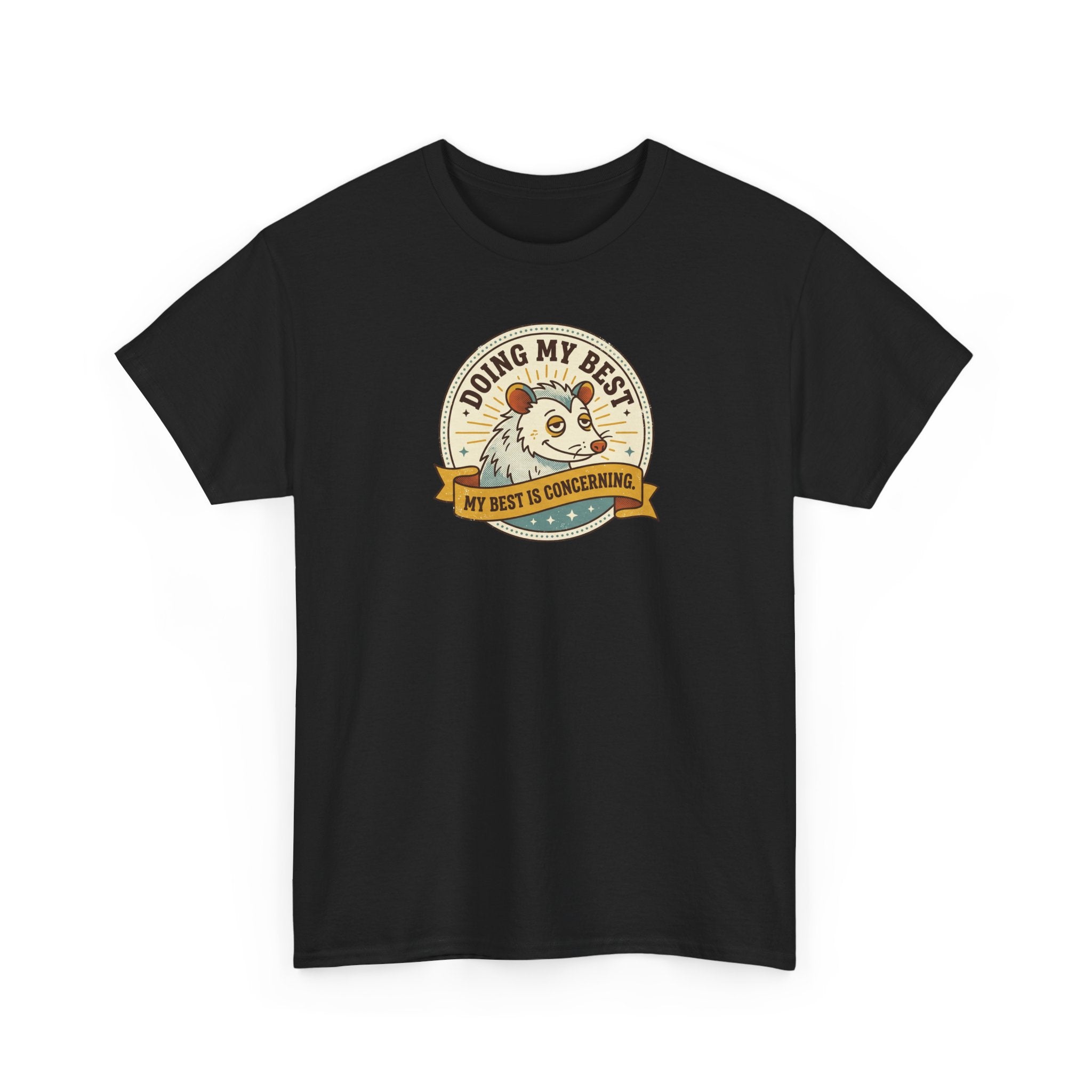 Black sloth graphic T-shirt with circular badge and ribbon