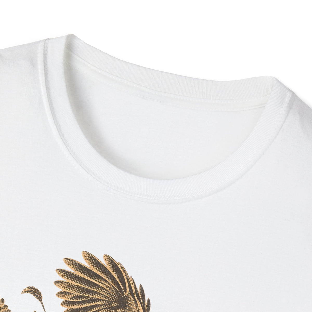 White short-sleeve T-shirt with gold-tone bird graphic, close-up of neckline