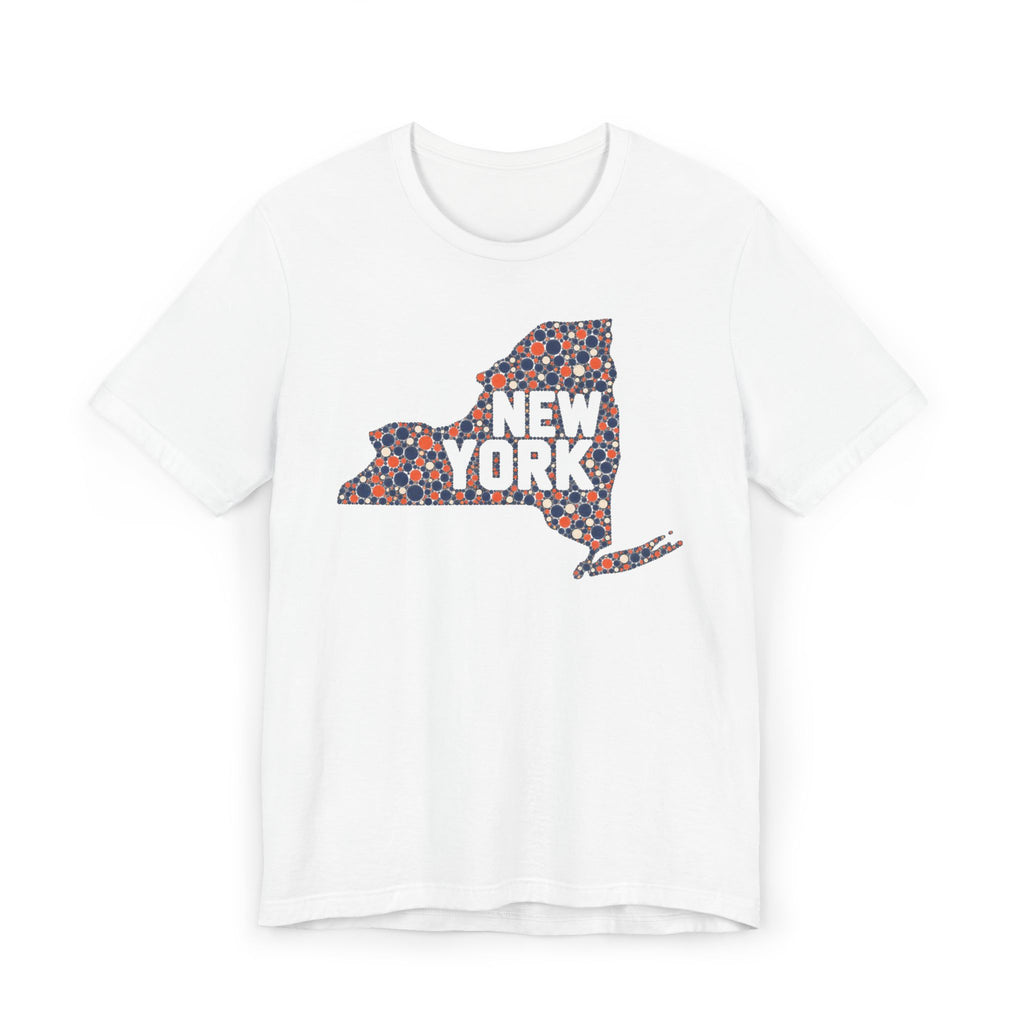 White short-sleeve t-shirt with colorful New York state outline graphic