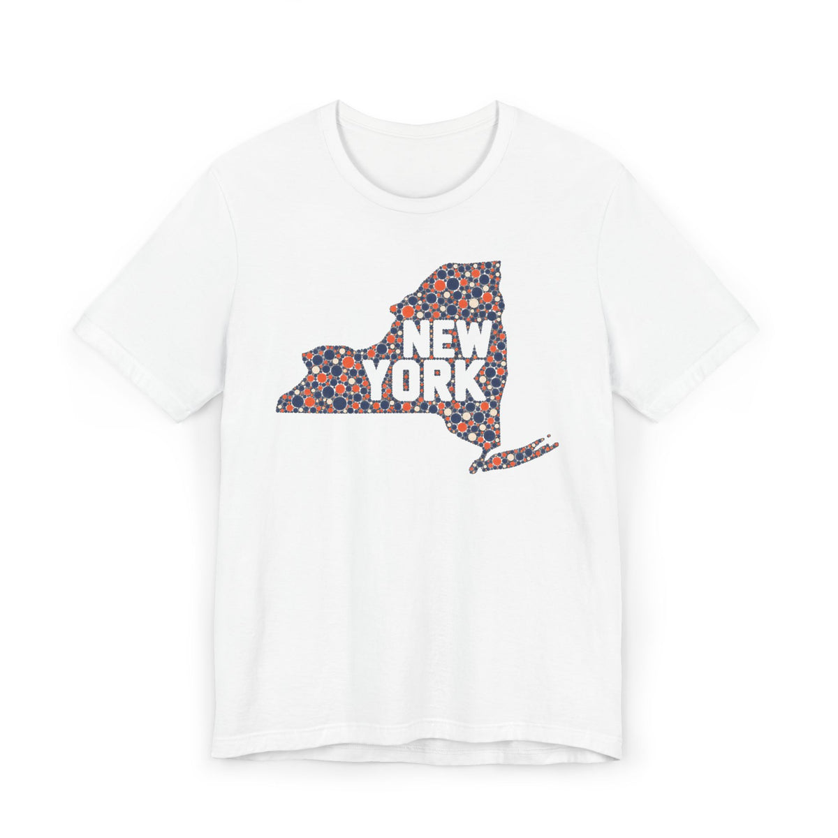 White short-sleeve t-shirt with colorful New York state outline graphic