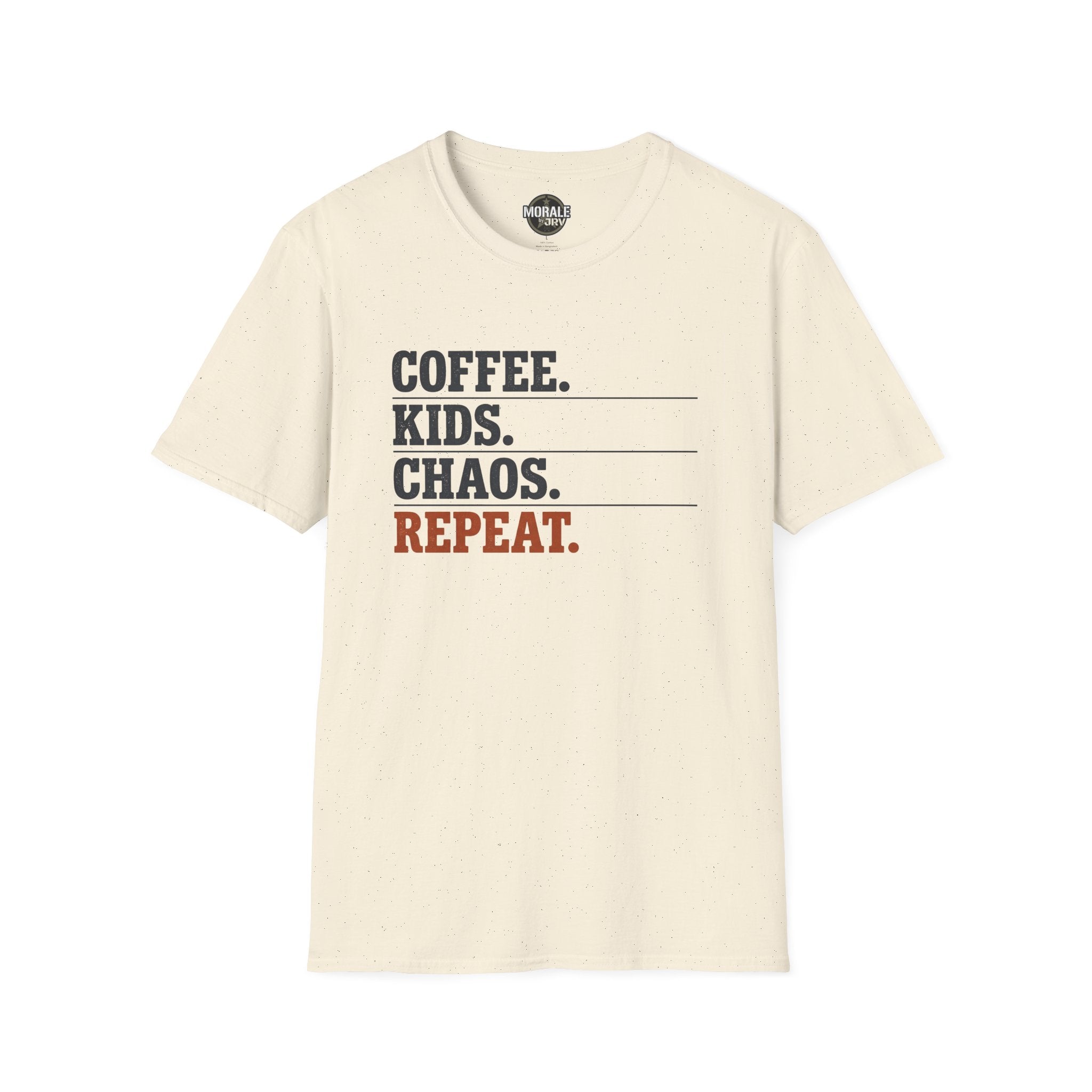 Natural speckled T-shirt with “COFFEE. KIDS. CHAOS. REPEAT.” graphic print