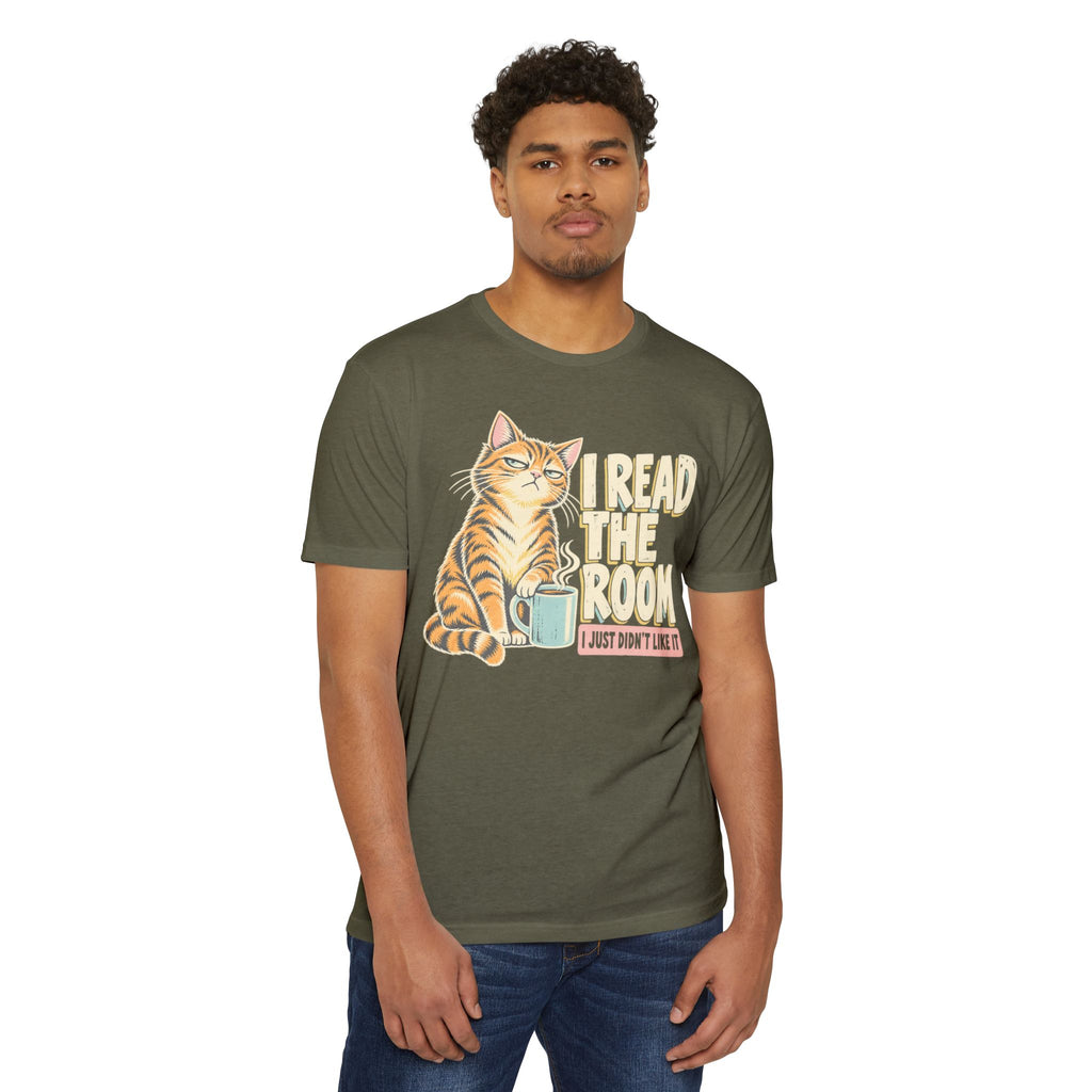 Olive green crewneck T-shirt with cat 'I Read the Room' graphic and coffee cup