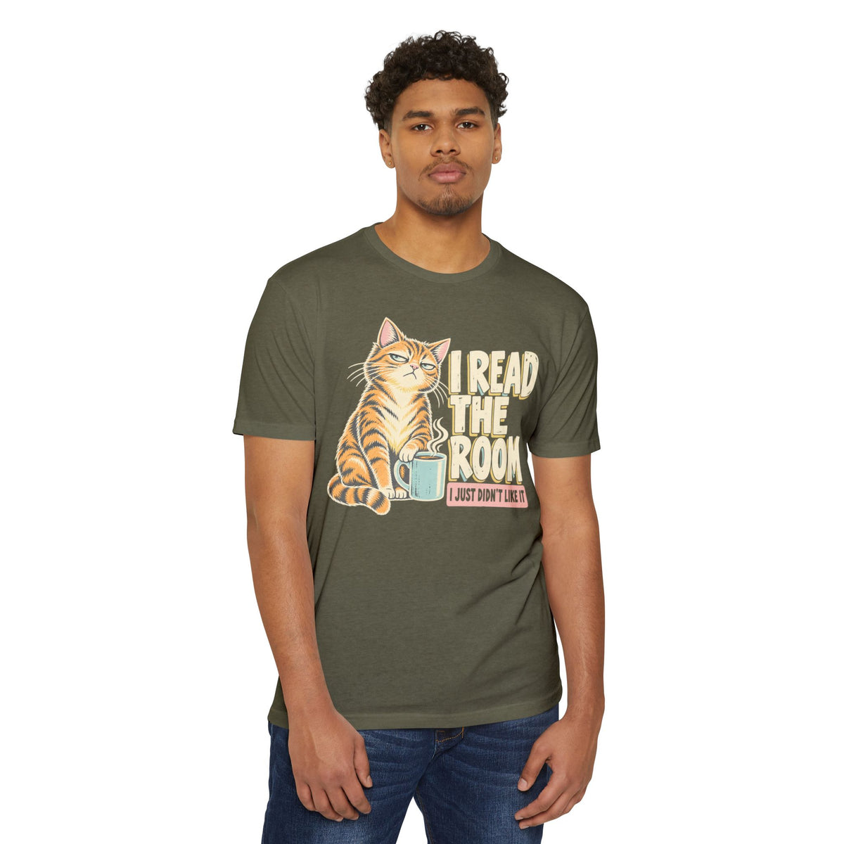 Olive green crewneck T-shirt with cat 'I Read the Room' graphic and coffee cup