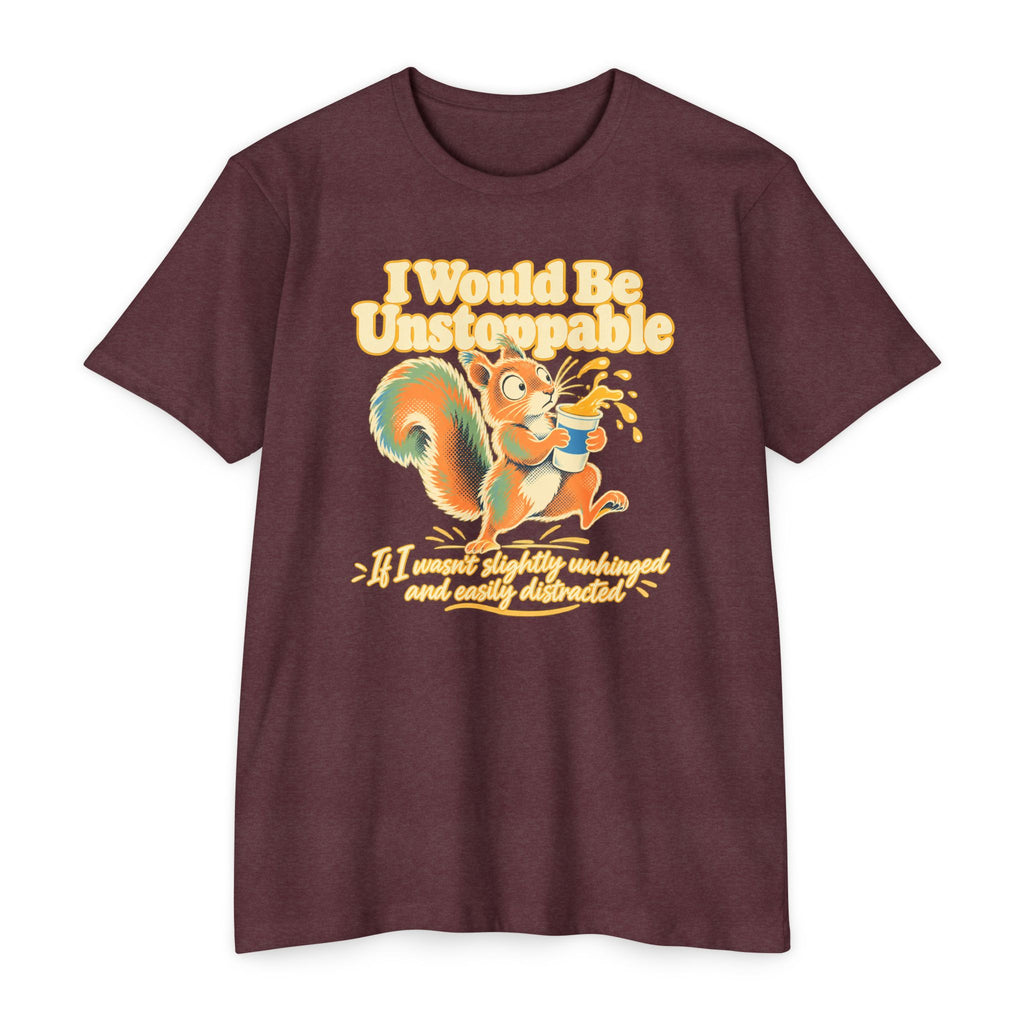 Graphic t-shirt, maroon, squirrel illustration with humorous unreadable text on front