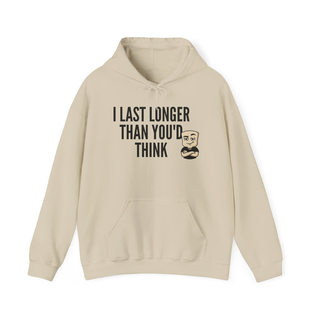Beige hoodie with front pocket and drawstring hood, bearded face graphic on chest.