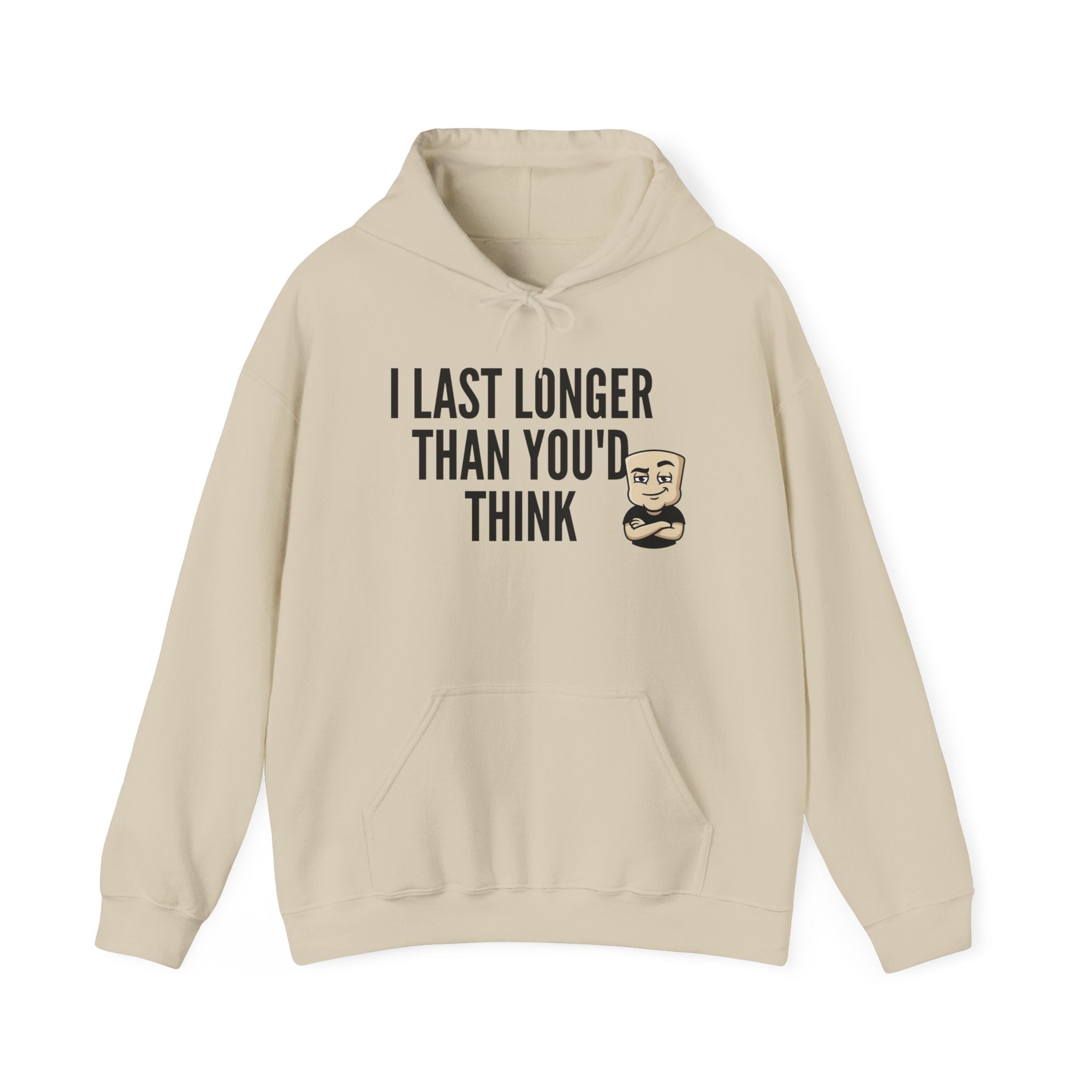 Beige hoodie with front pocket and drawstring hood, bearded face graphic on chest.