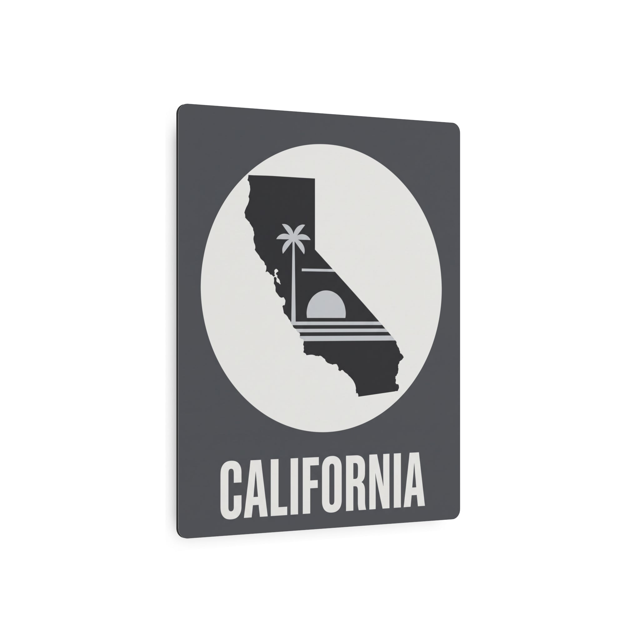 California silhouette metal wall sign in circular emblem with palm tree and 'CALIFORNIA'