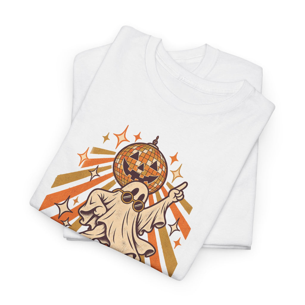 White T-shirt with dancing ghost disco ball graphic on front