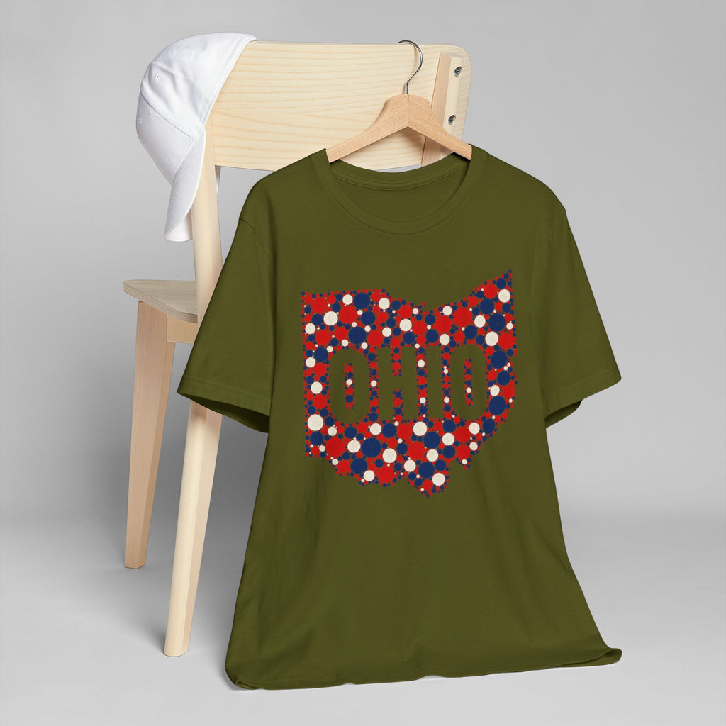 Olive green crew-neck t-shirt with colorful Ohio graphic map front
