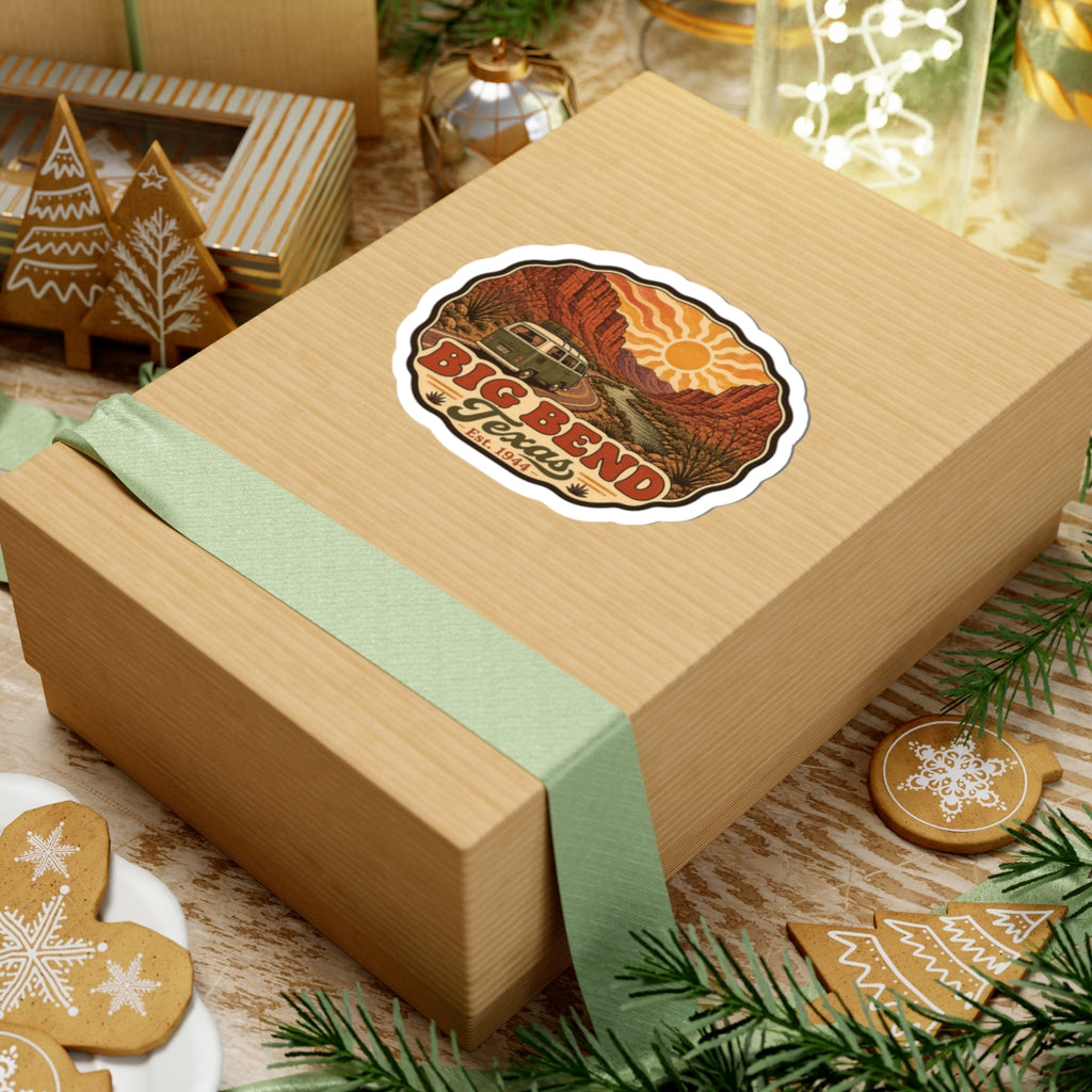 Die-cut road trip sticker on a wrapped box showing Big Bend Texas text and vintage camper