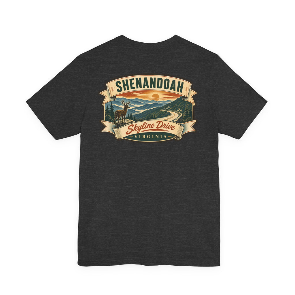 Black crewneck t-shirt with Shenandoah Skyline Drive graphic logo