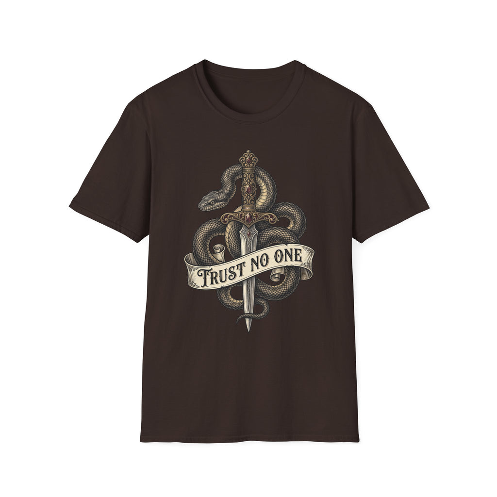 Snake-and-dagger graphic T-shirt in dark brown with “Trust No One” banner on front