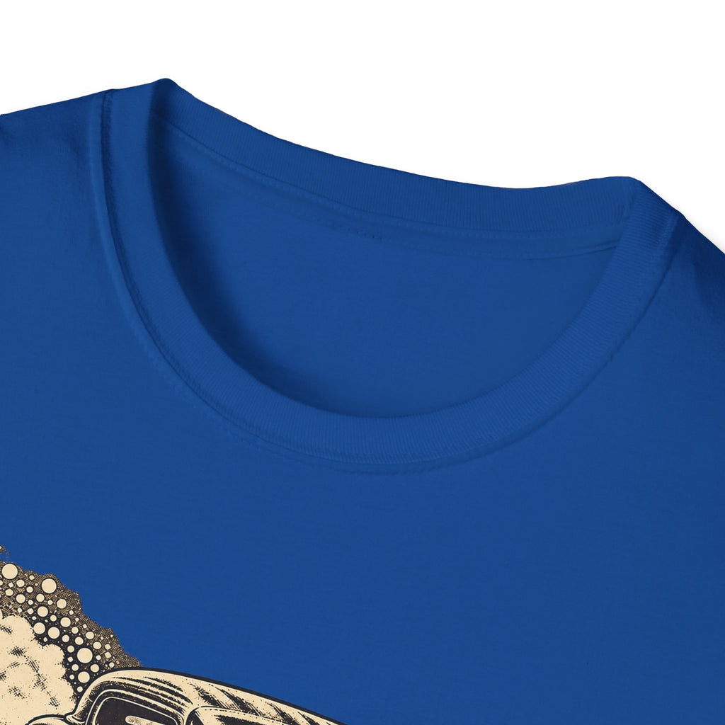 Royal blue t-shirt with partial vintage car graphic near lower left