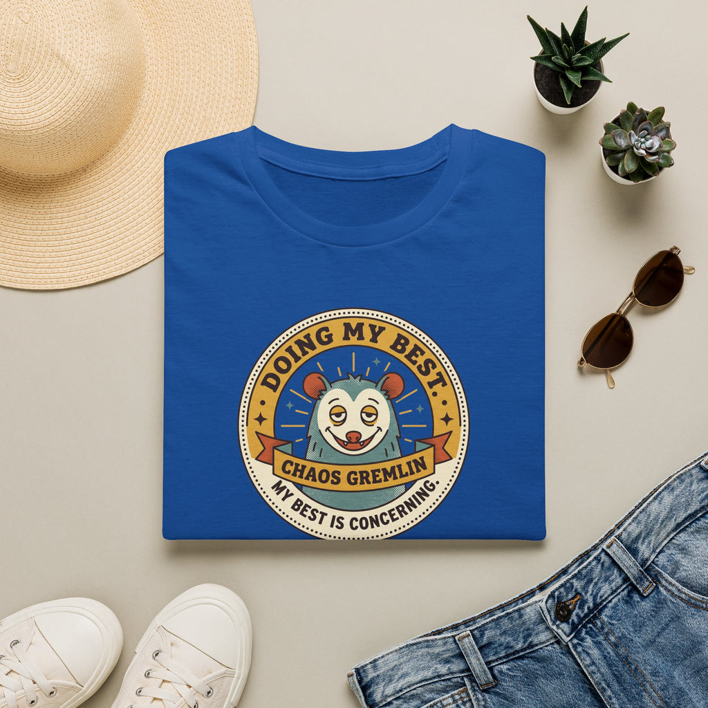 Royal blue t-shirt with circular gremlin panda graphic and text at the center