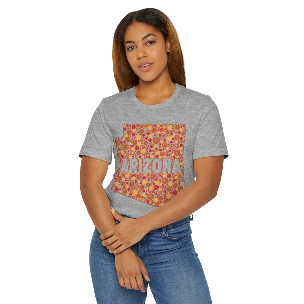 Heather gray crewneck T-shirt with red patterned Arizona graphic centered on front