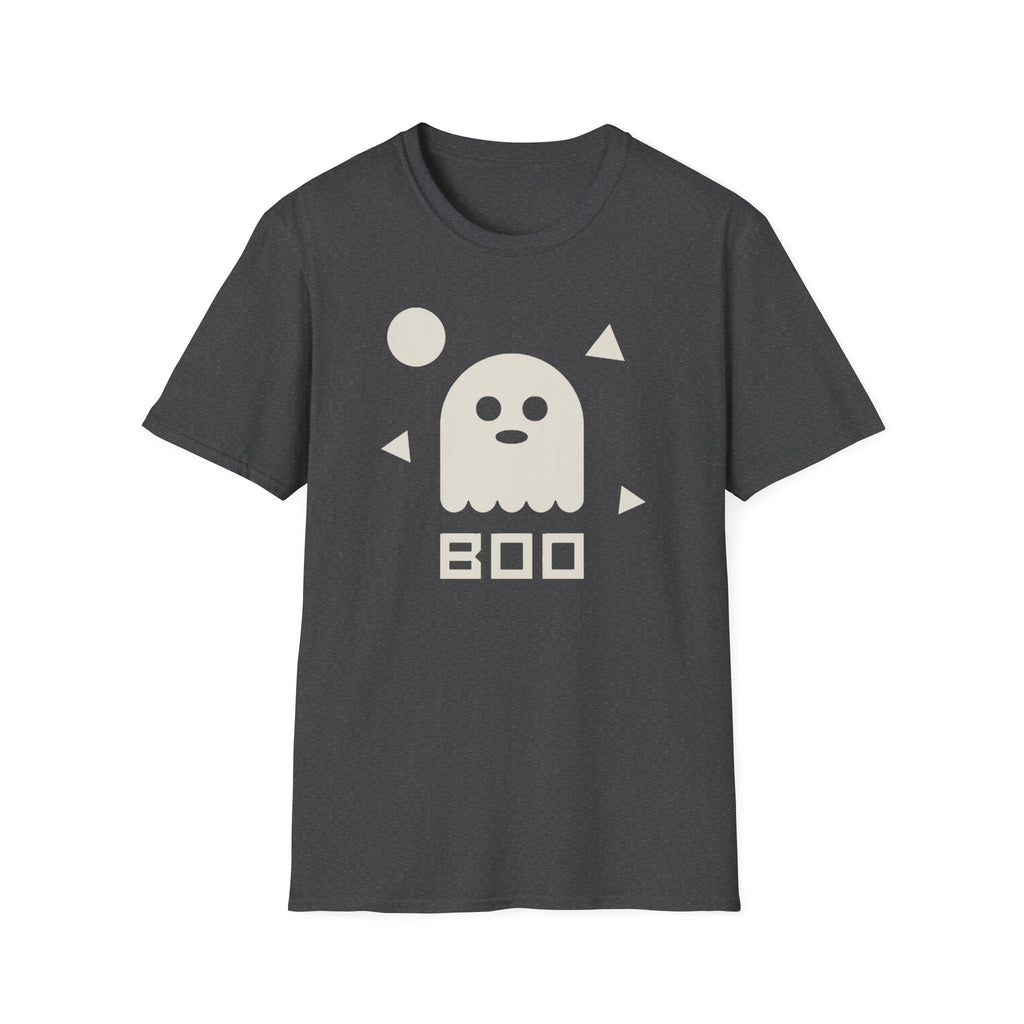Unisex dark gray T-shirt with white ghost graphic and BOO text