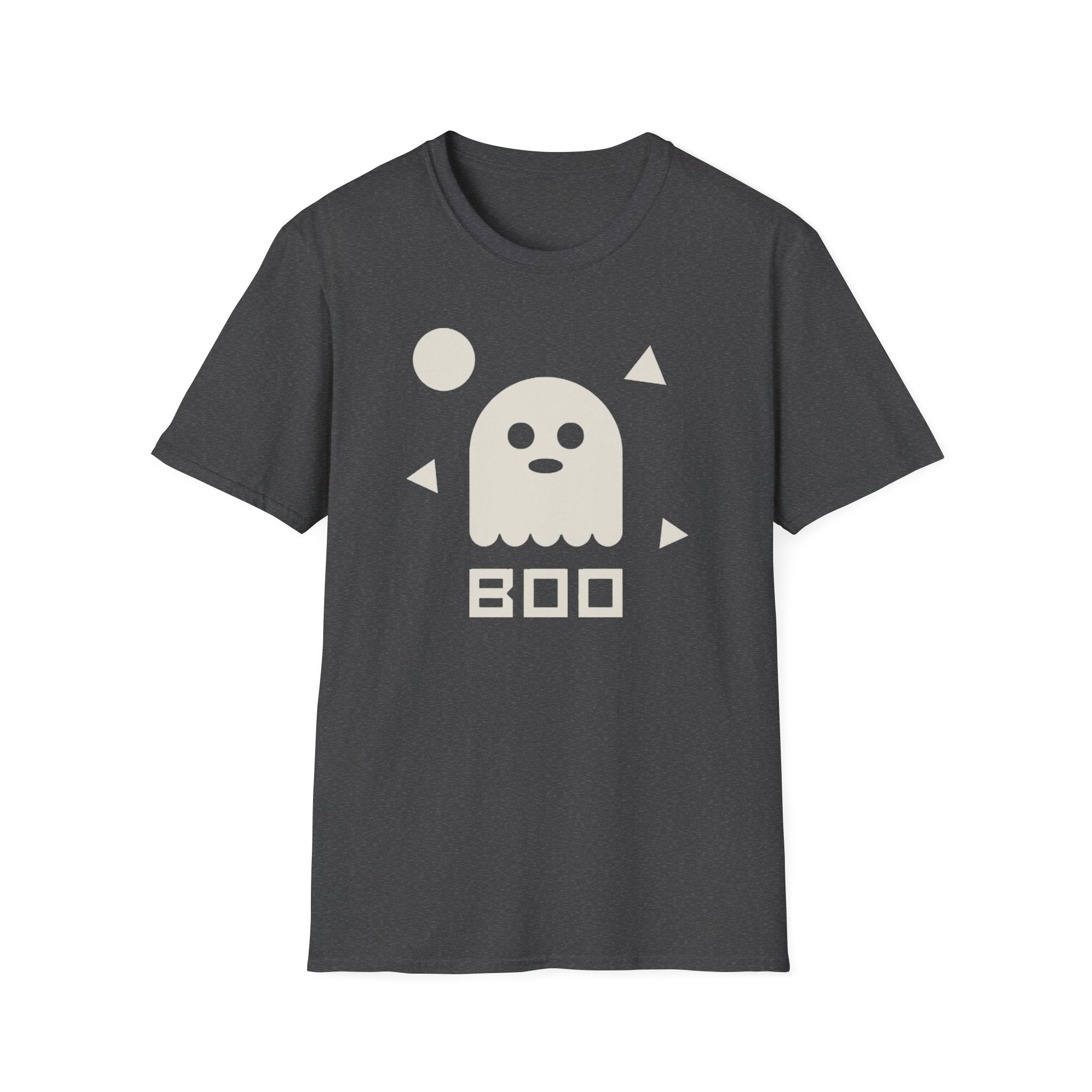 Unisex dark gray T-shirt with white ghost graphic and BOO text