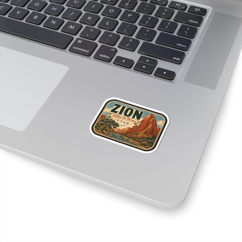 Zion National Park retro travel sticker with canyon landscape and ZION title