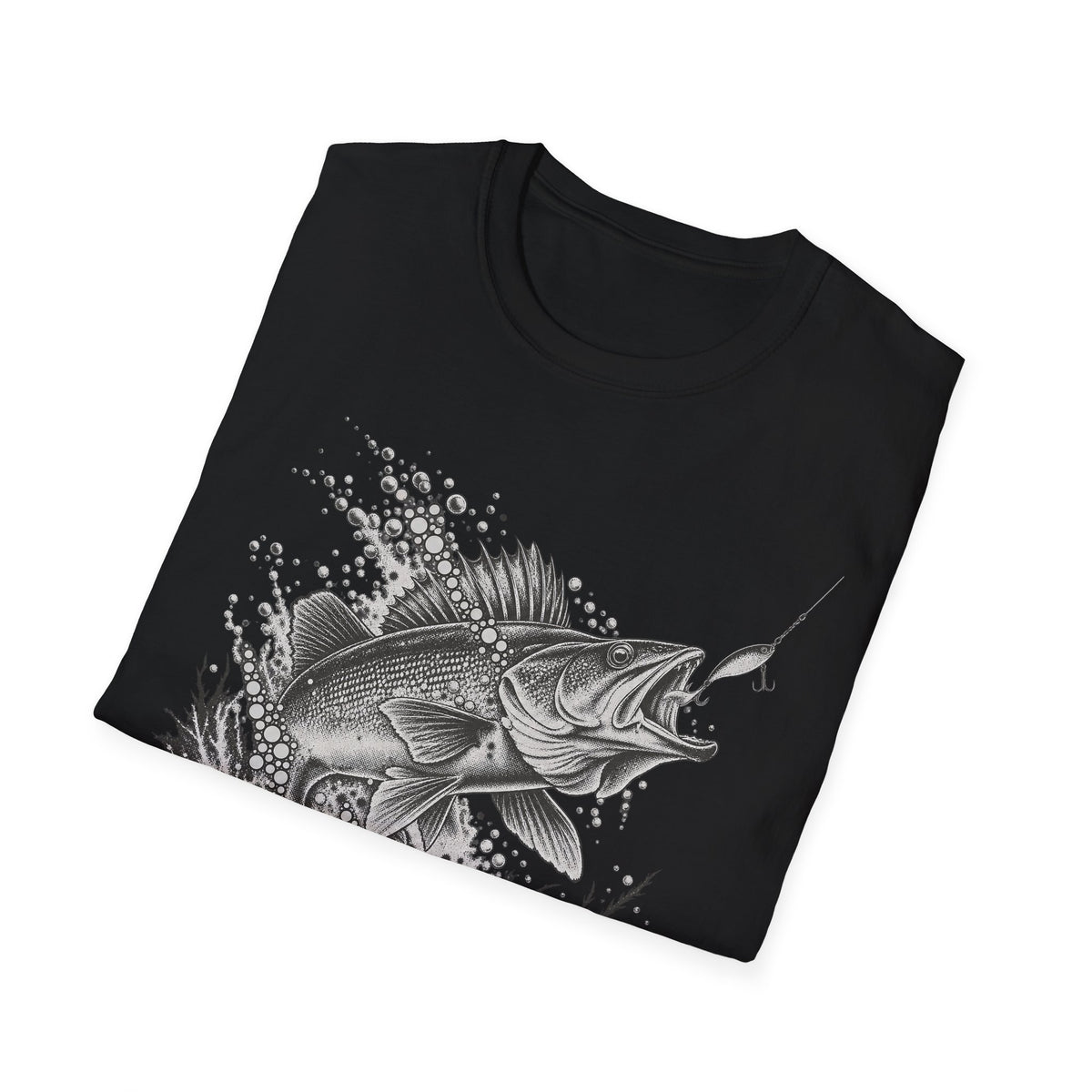 Black fishing walleye graphic T-shirt with leaping fish and splash bubbles