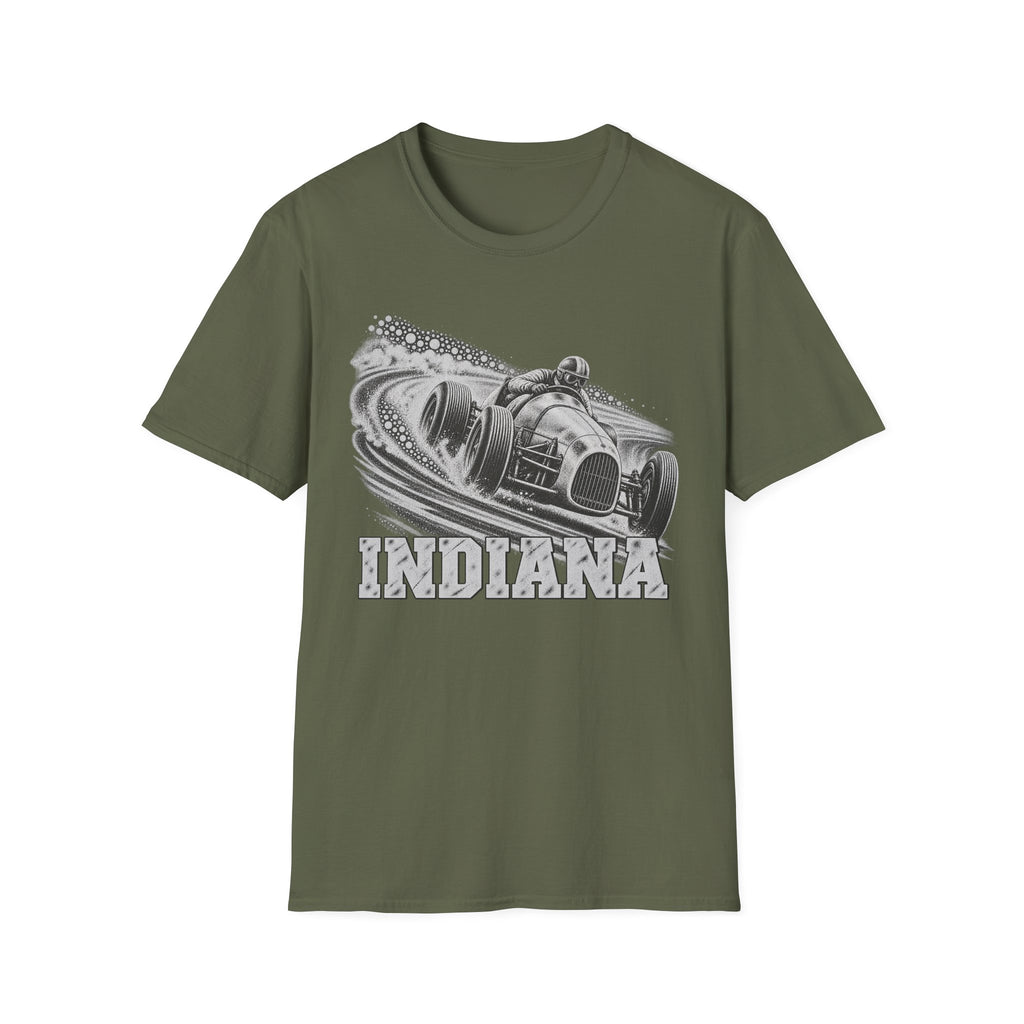 Olive green T-shirt with vintage open-wheel race car and Indiana graphic on chest