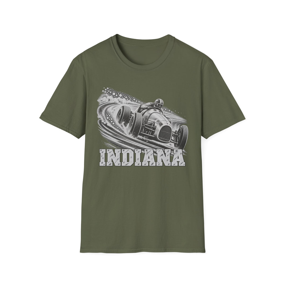 Olive green T-shirt with vintage open-wheel race car and Indiana graphic on chest
