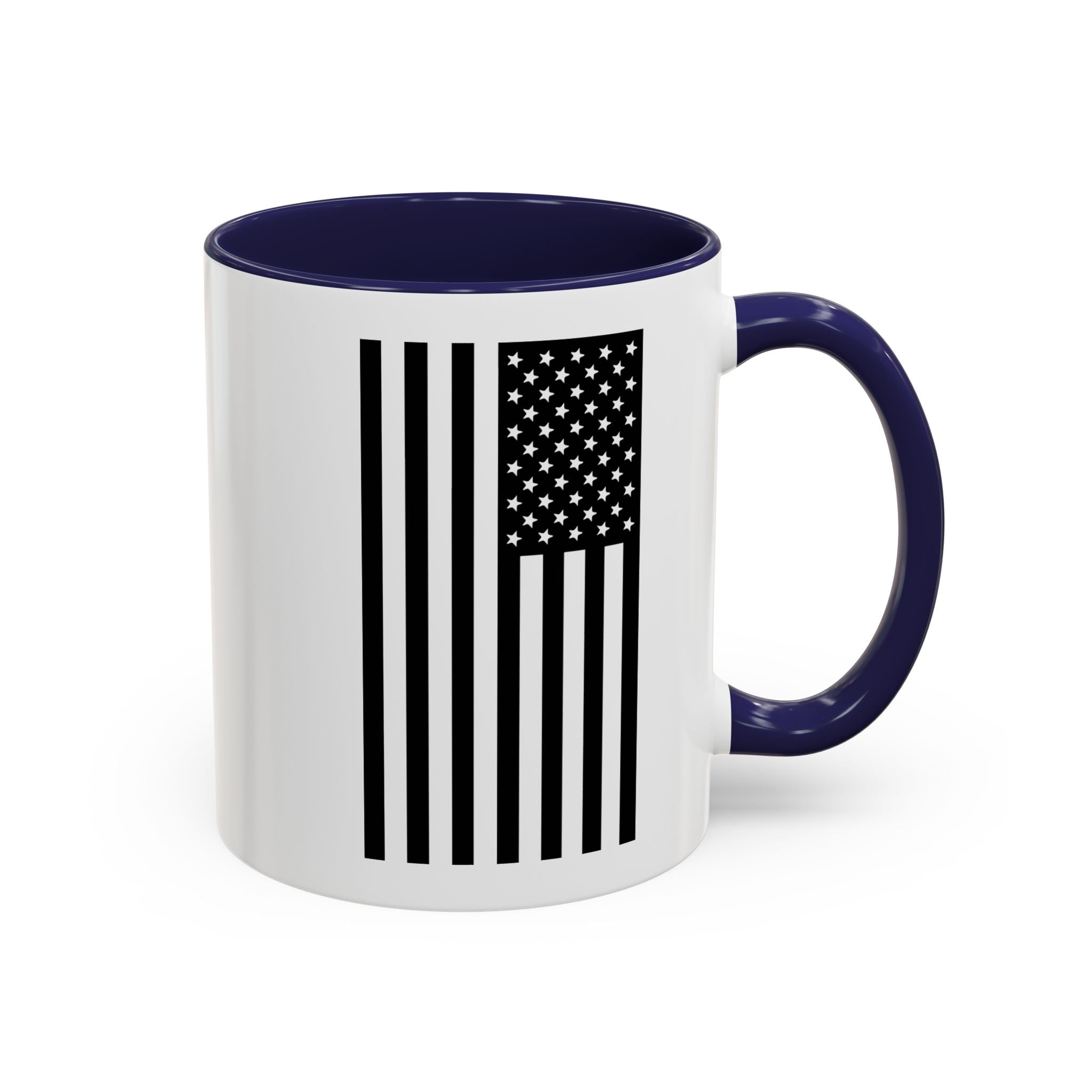White coffee mug with navy handle and rim, featuring American flag stripe and stars design.