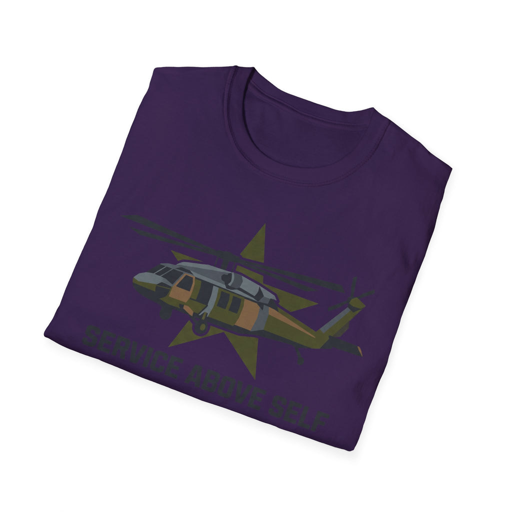 Crewneck t-shirt in dark purple with printed military helicopter and "SERVICE ABOVE SELF" text