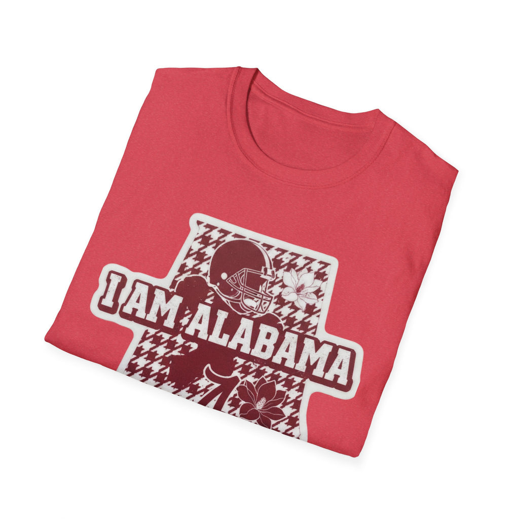 Crimson red T-shirt with I AM ALABAMA houndstooth football graphic in white and crimson