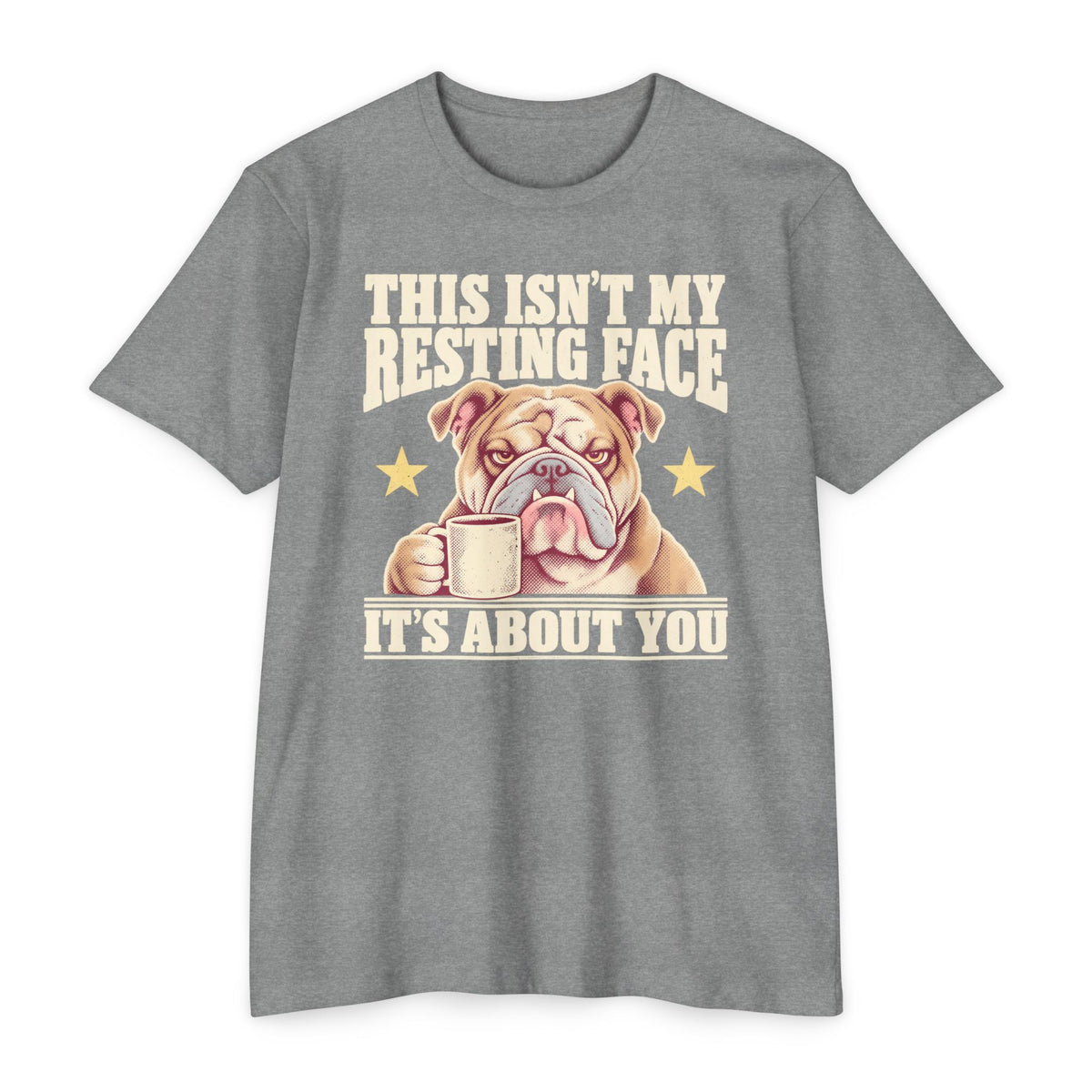 Heather gray short-sleeve T-shirt with grumpy bulldog holding a coffee mug graphic