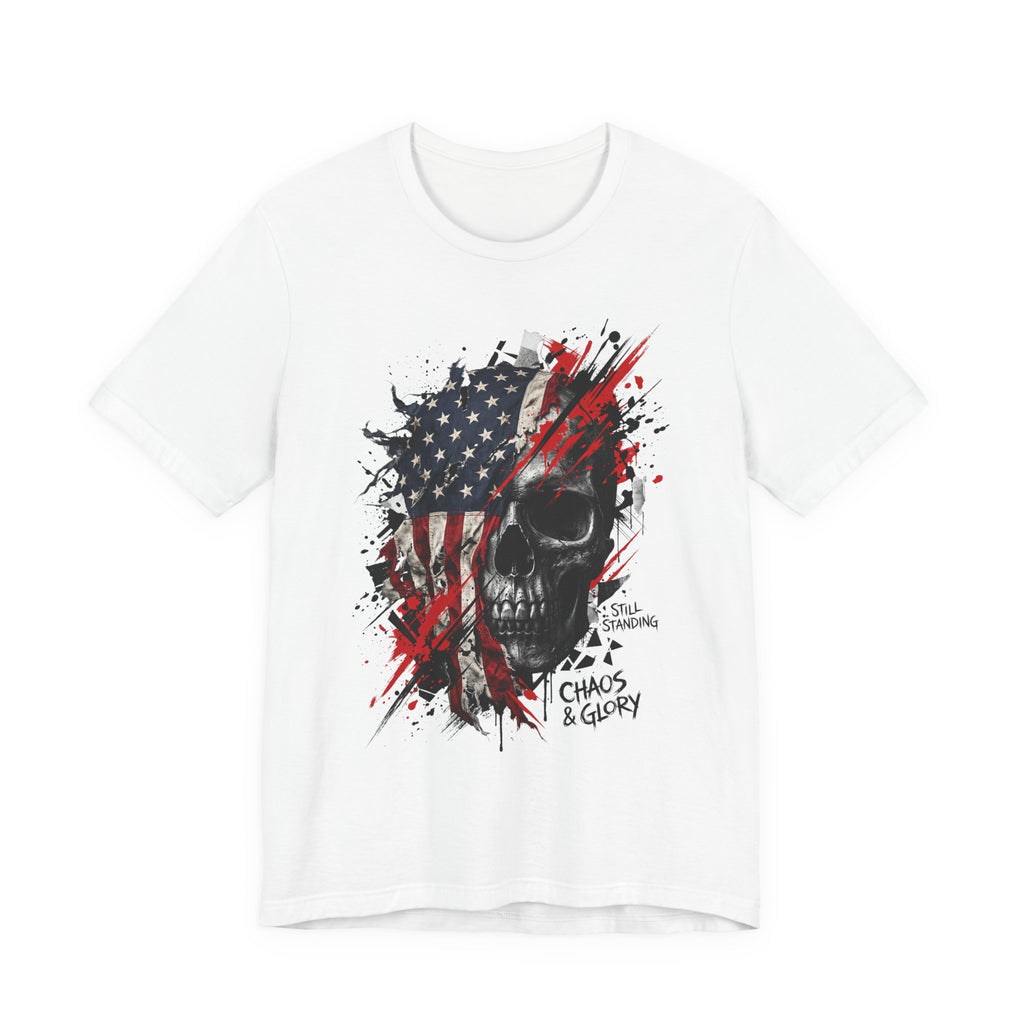 White skull graphic T-shirt with American flag panel, red splatter, Chaos & Glory print