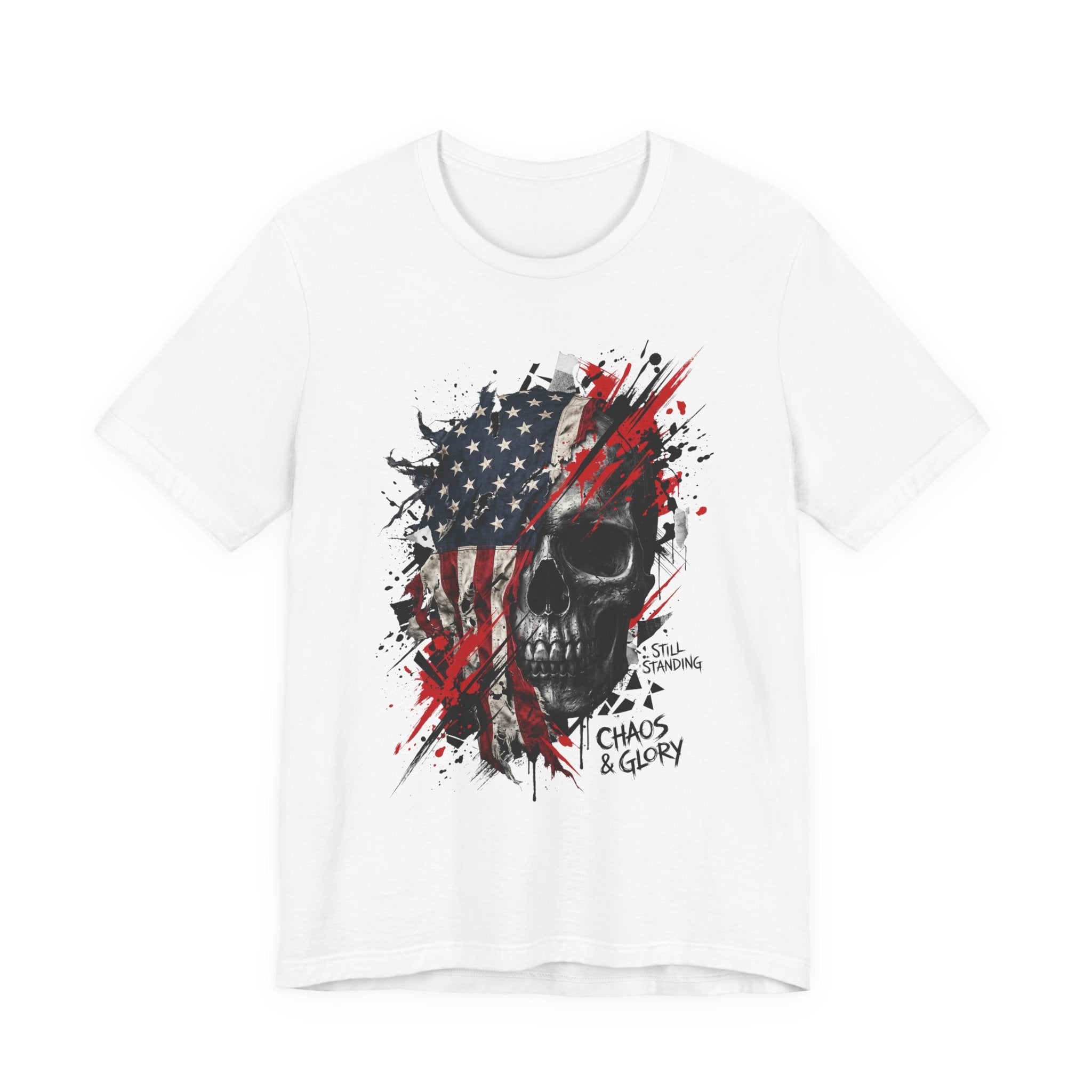 White skull graphic T-shirt with American flag panel, red splatter, Chaos & Glory print