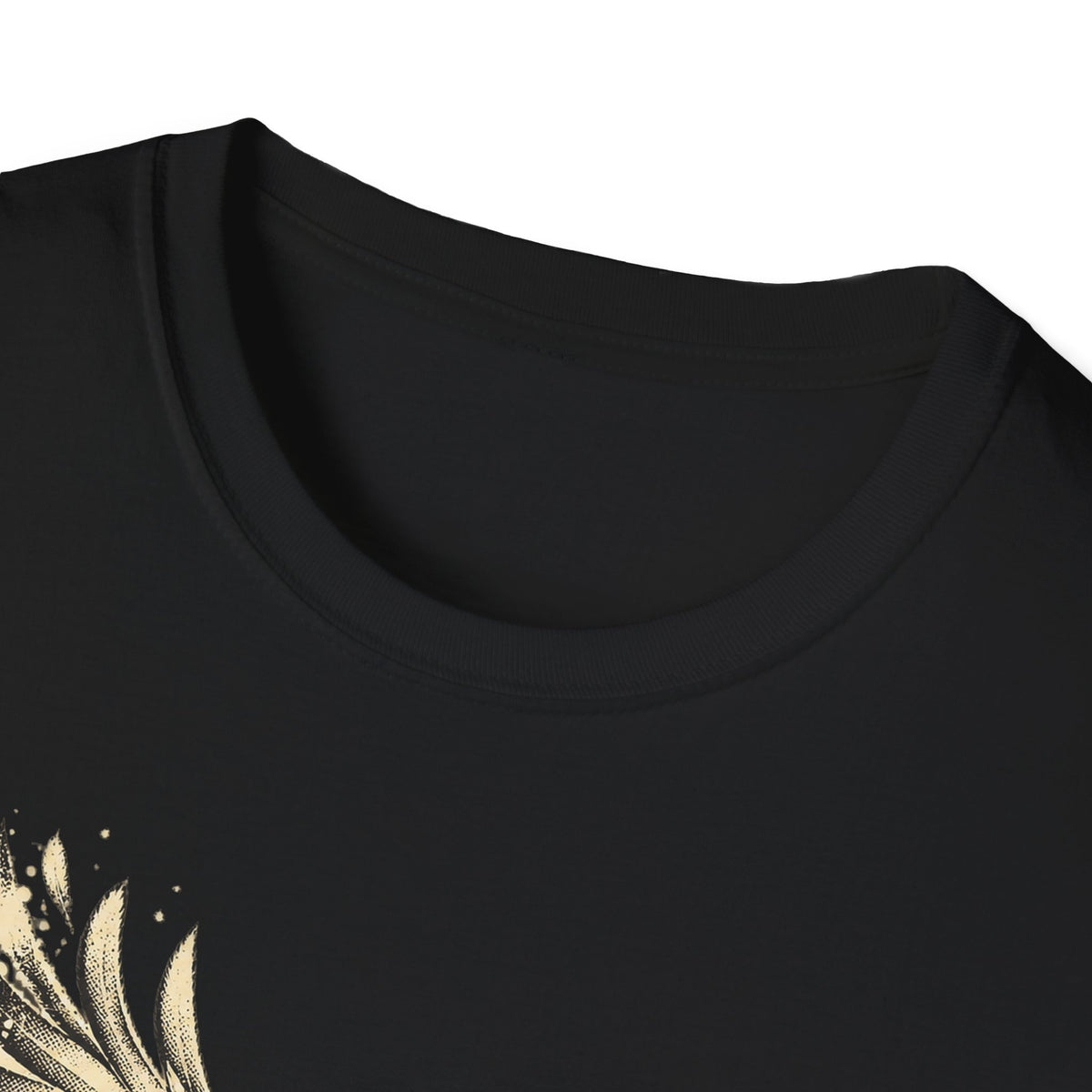 Black crew-neck T-shirt neckline close-up