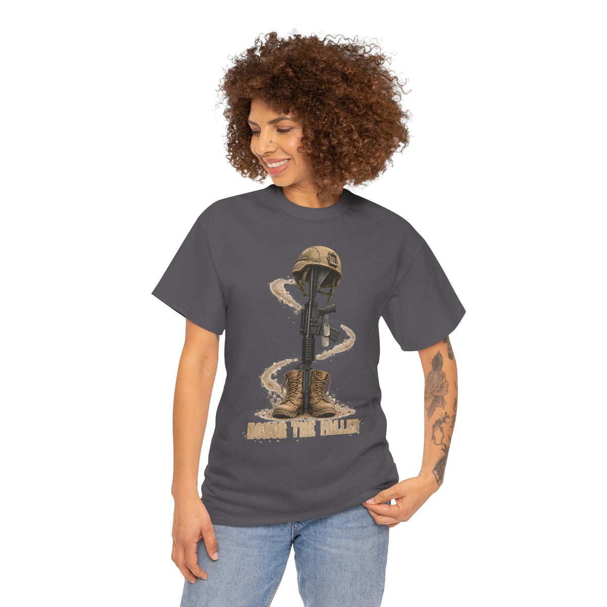 Navy crew-neck T-shirt with helmeted soldier graphic and text