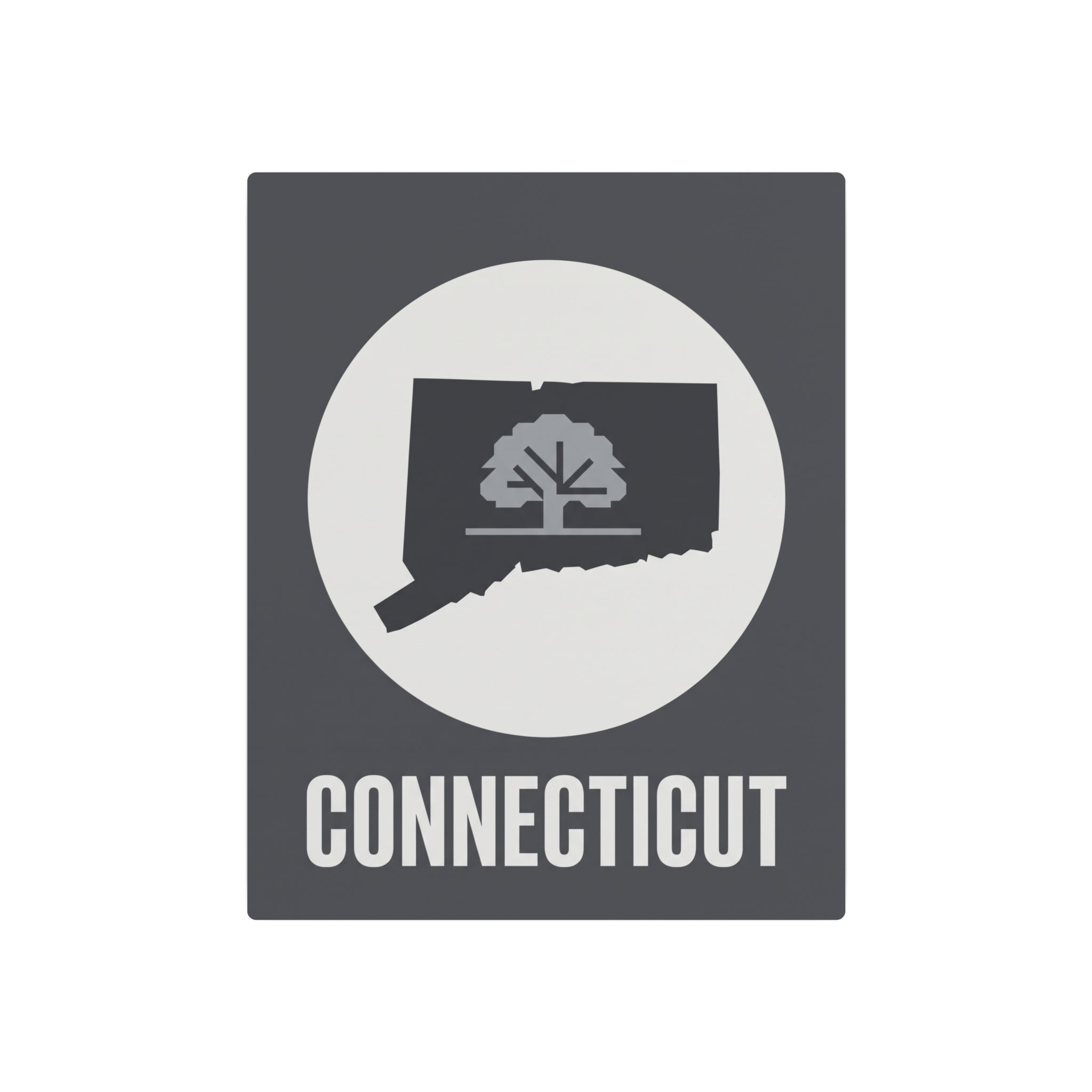Connecticut metal wall art sign with circular tree silhouette badge and CONNECTICUT lettering
