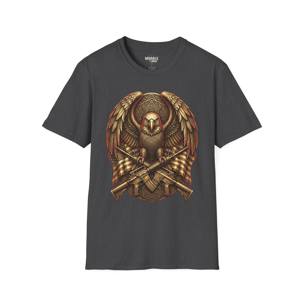 Dark heather T-shirt with warrior owl shield emblem and crossed axes graphic