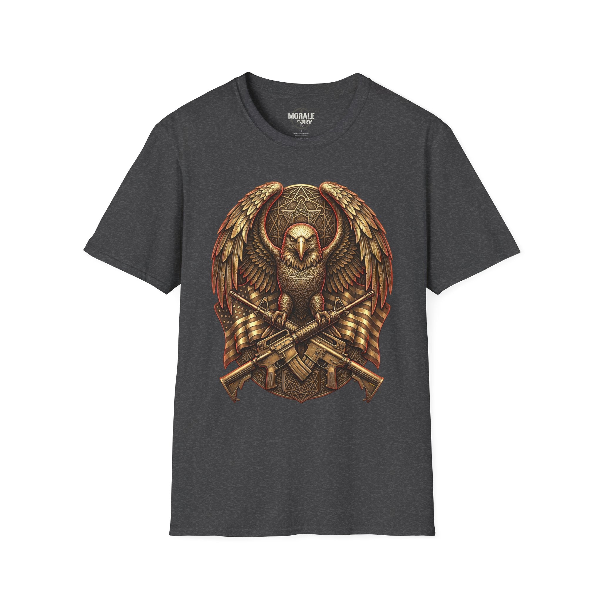 Dark heather T-shirt with warrior owl shield emblem and crossed axes graphic