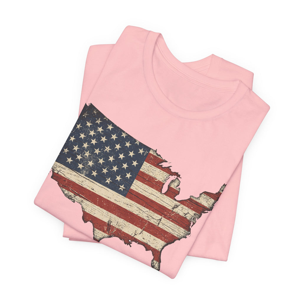 Pink crew-neck T-shirt with distressed American flag map graphic across chest.