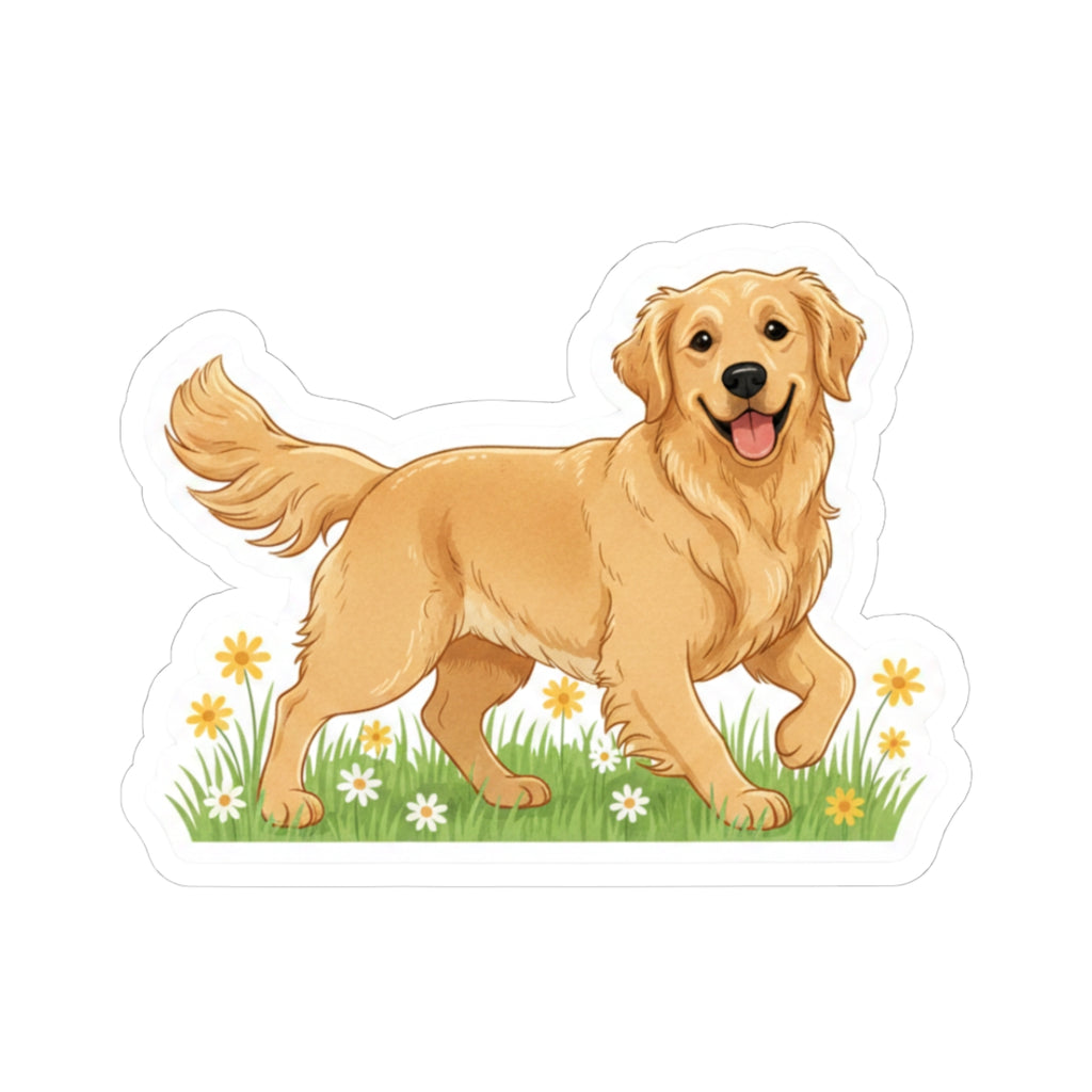 Walking golden retriever sticker with white outline and daisies in grass background