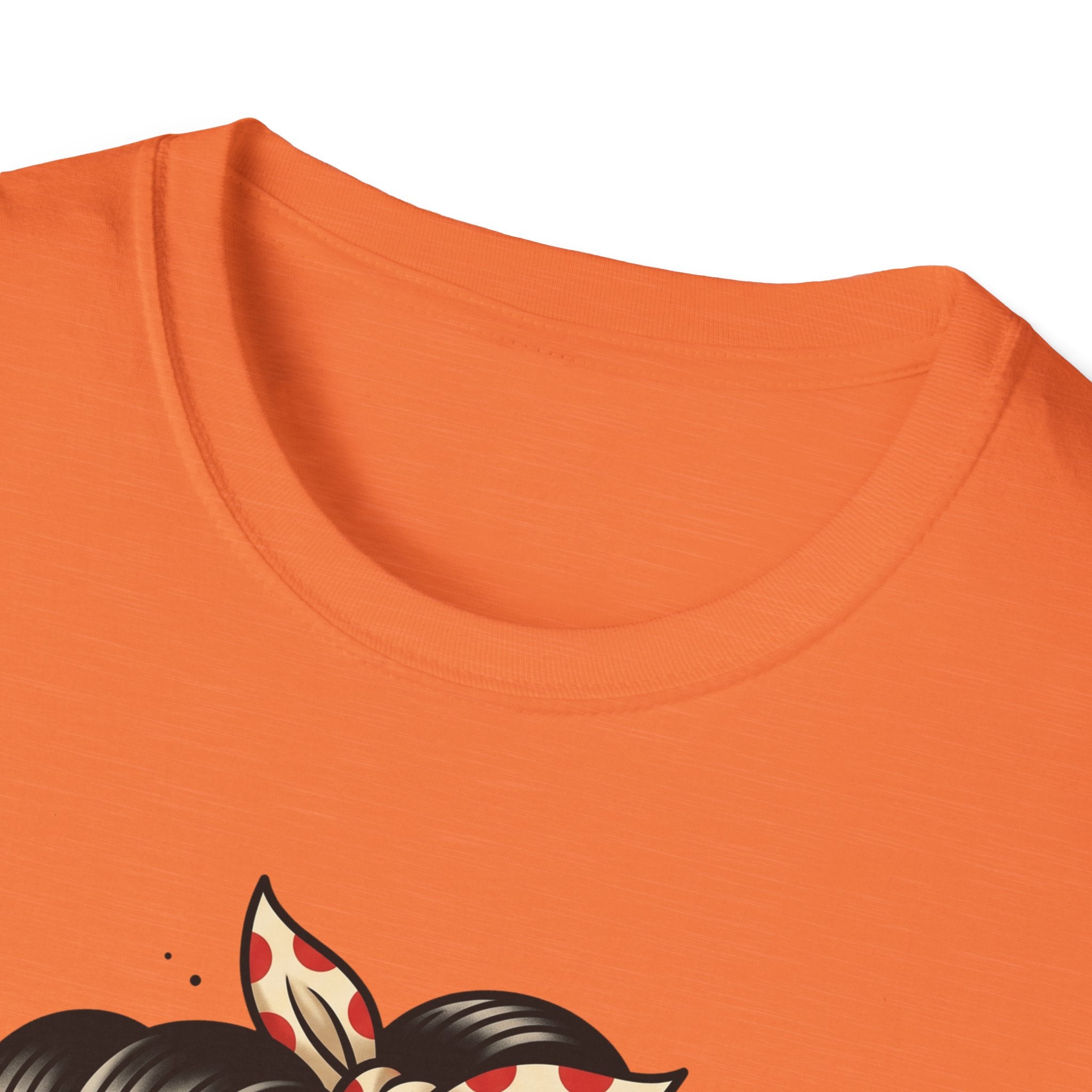 Orange T-shirt neckline with partial pin-up sugar skull hair and bow graphic below