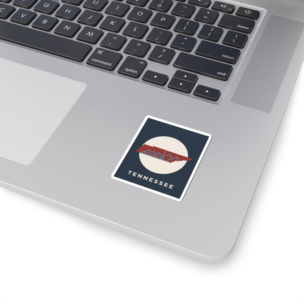 Tennessee state outline sticker with retro mountains and guitar graphic, dark blue border