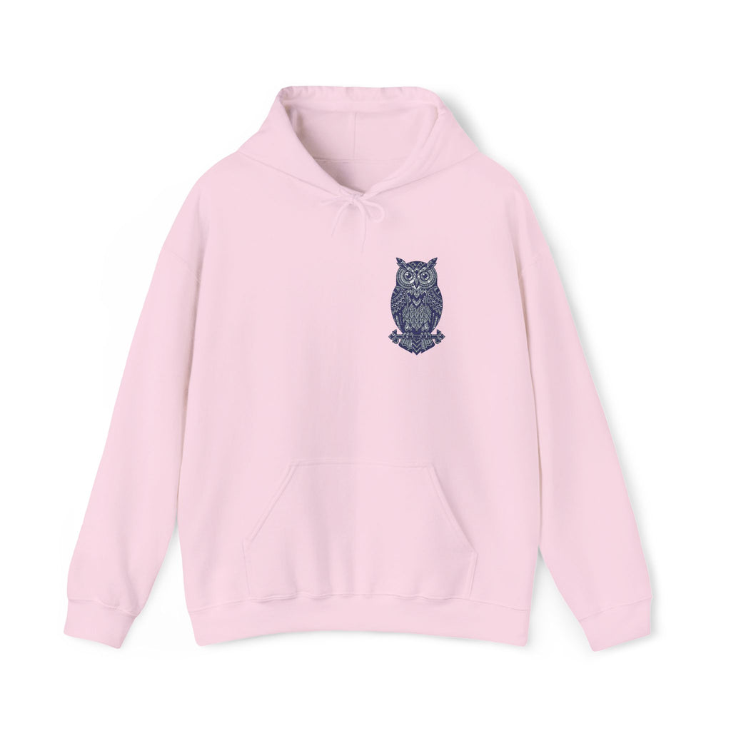 Pink hoodie with blue owl chest print and front kangaroo pocket